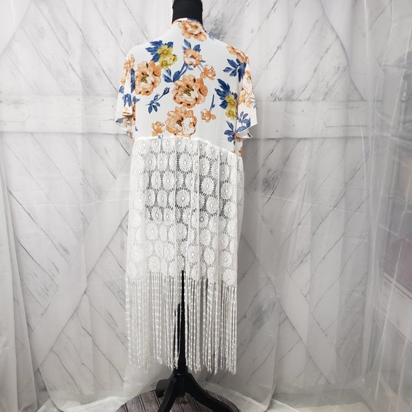 Shein Floral Lace Fringe Kimono Tie Cottage Core Boho Blouse Size 1XL - Picture 8 of 14